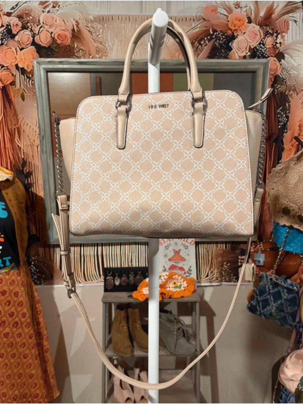 Nine West Light Taupe patterned Satchel Handbag with Detachable Strap
